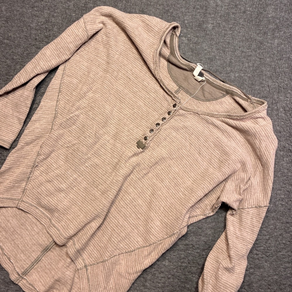 We The Free Henley Top Women Small Tan Striped Long Sleeve‎ Button Neck Boho